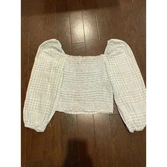 Urban Outfitters Blue Gingham Crop Top ruched square neck XS y2k Blouse Shirt - Picture 5 of 6